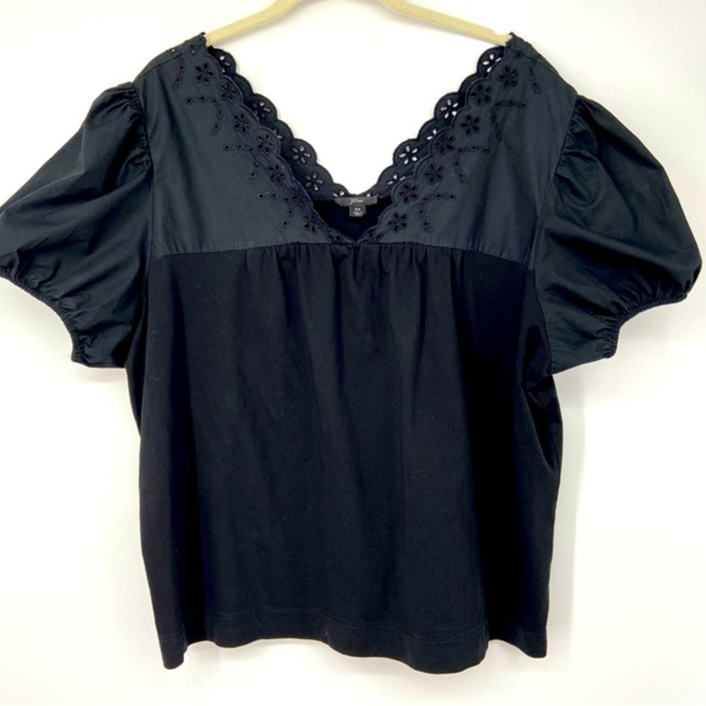 J Crew, Black Eyelet‎ Embroidered, Puff + short sleeve, cotton, size 2X